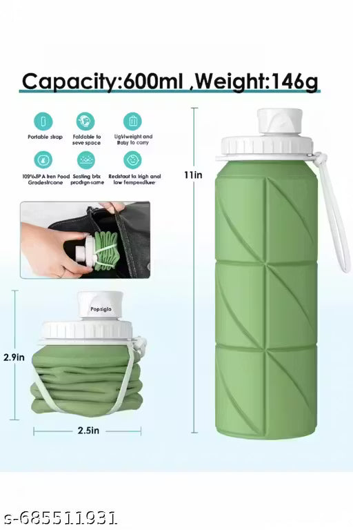 Folding Silicone Water Bottle Portable Sports Travel Cup for Hiking, Running, Camping & Cycling – Compact, Lightweight & Leakproof (600ml) (Pack Of 1)